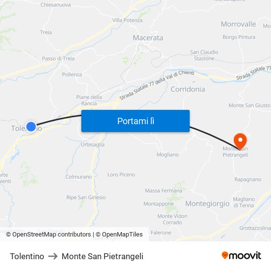 Tolentino to Monte San Pietrangeli map