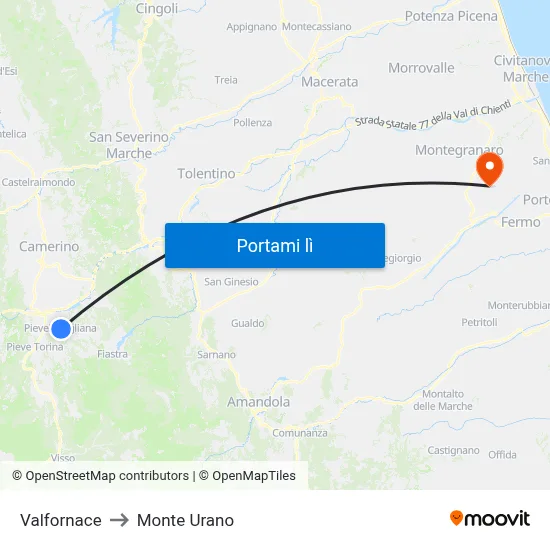 Valfornace to Monte Urano map