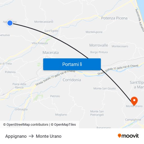 Appignano to Monte Urano map