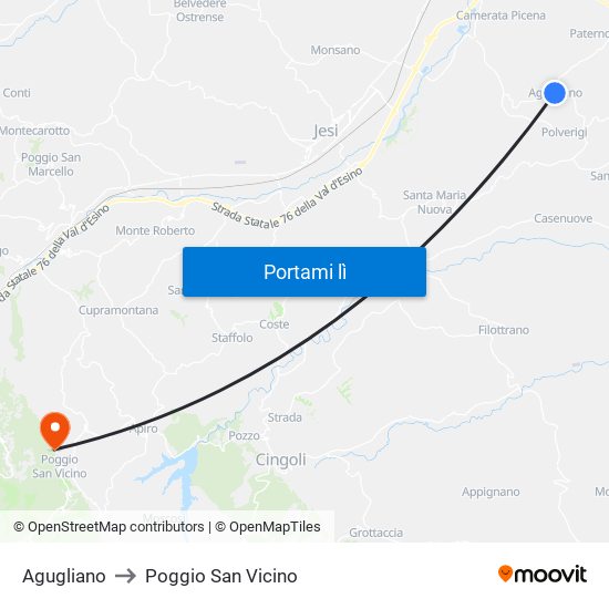 Agugliano to Poggio San Vicino map