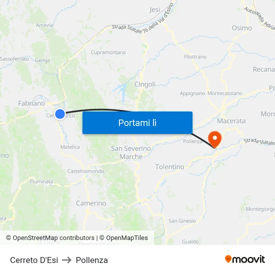 Cerreto D'Esi to Pollenza map