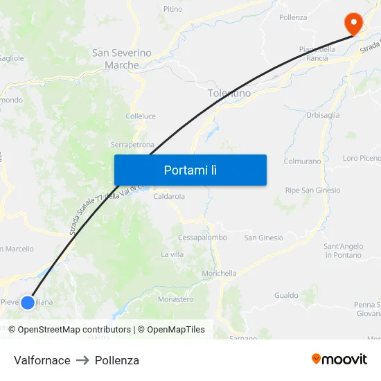 Valfornace to Pollenza map