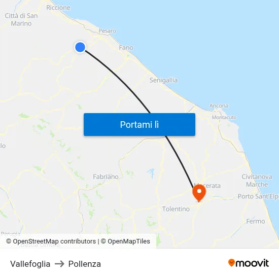 Vallefoglia to Pollenza map