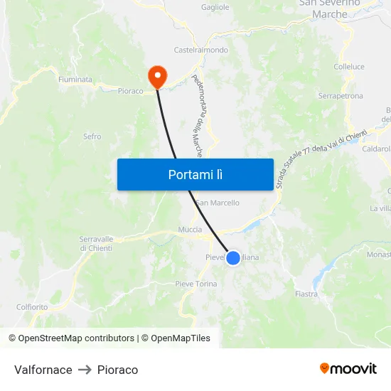 Valfornace to Pioraco map