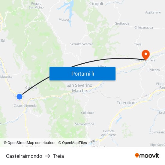 Castelraimondo to Treia map