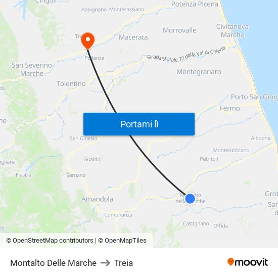 Montalto Delle Marche to Treia map