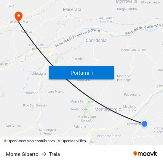 Monte Giberto to Treia map