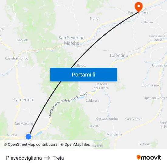 Pievebovigliana to Treia map