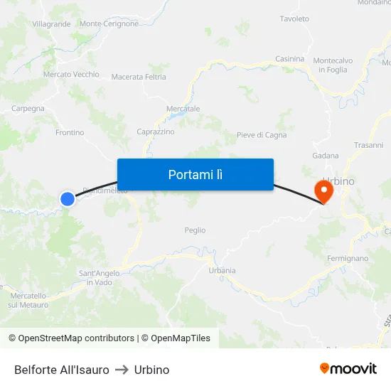 Belforte All'Isauro to Urbino map