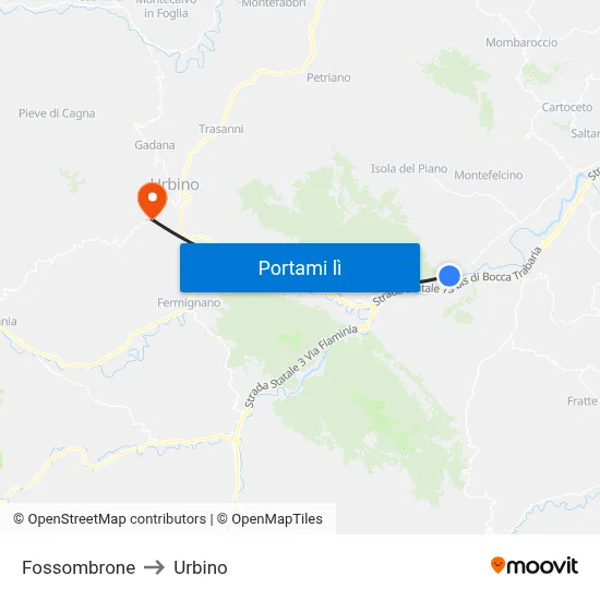 Fossombrone to Urbino map