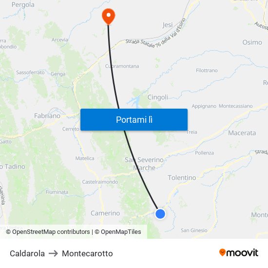 Caldarola to Montecarotto map