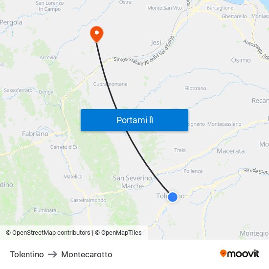 Tolentino to Montecarotto map