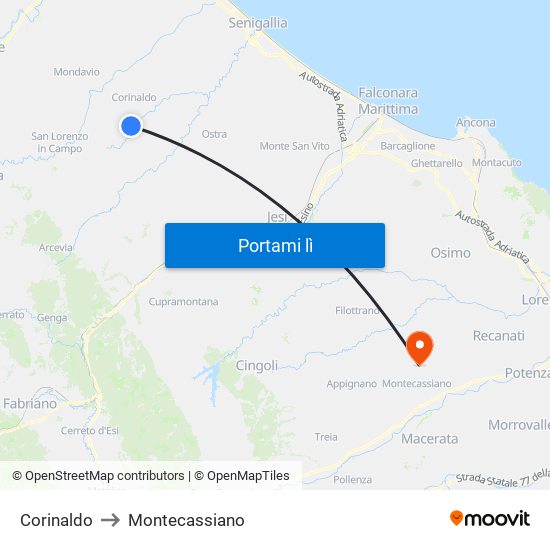 Corinaldo to Montecassiano map