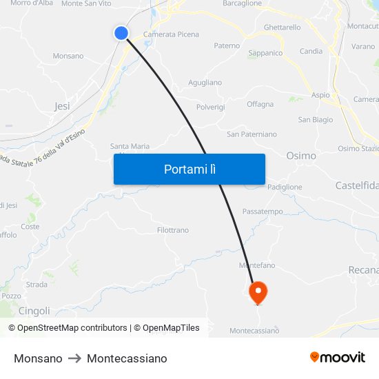 Monsano to Montecassiano map