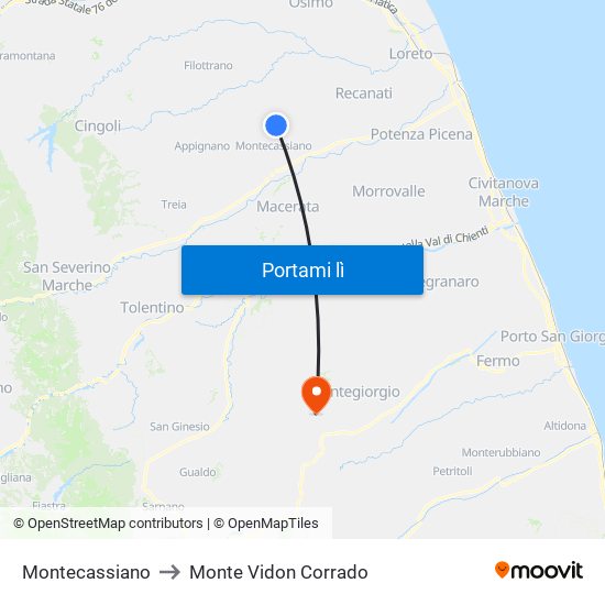 Montecassiano to Monte Vidon Corrado map