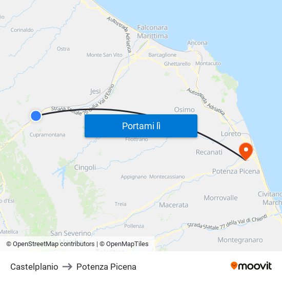 Castelplanio to Potenza Picena map