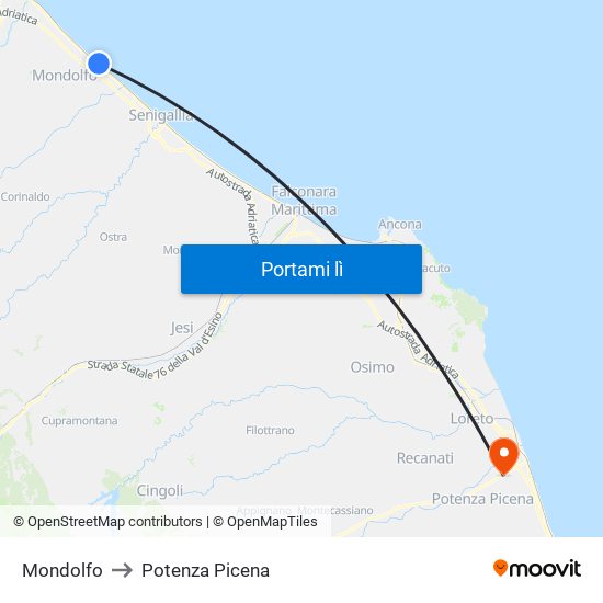 Mondolfo to Potenza Picena map