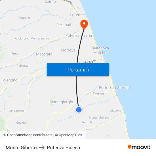 Monte Giberto to Potenza Picena map