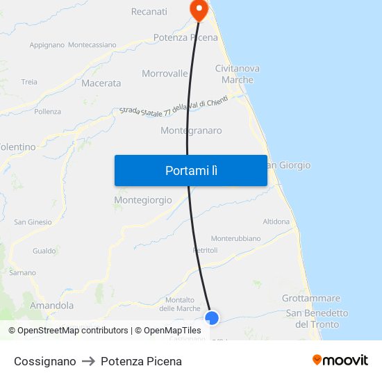 Cossignano to Potenza Picena map