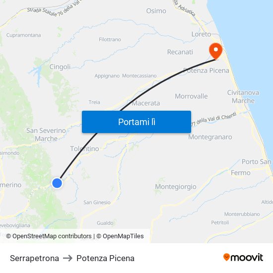 Serrapetrona to Potenza Picena map