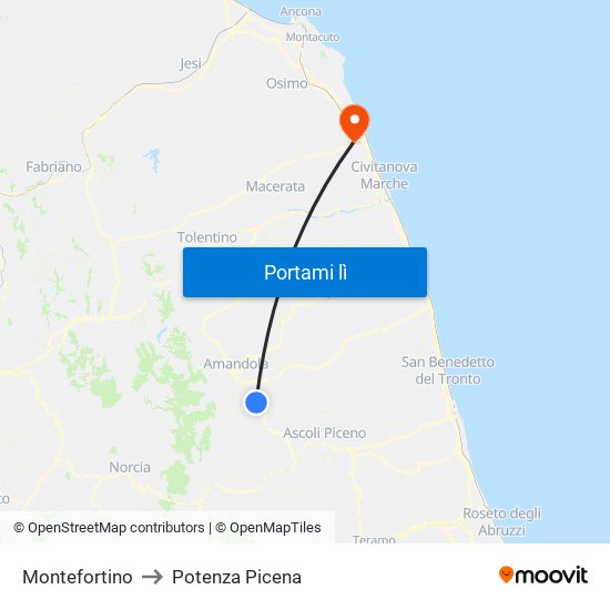 Montefortino to Potenza Picena map