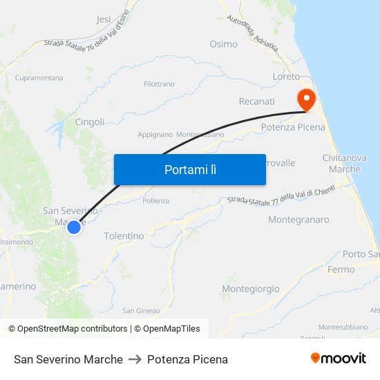 San Severino Marche to Potenza Picena map