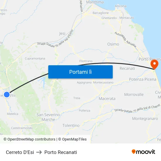 Cerreto D'Esi to Porto Recanati map