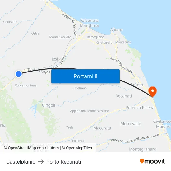 Castelplanio to Porto Recanati map