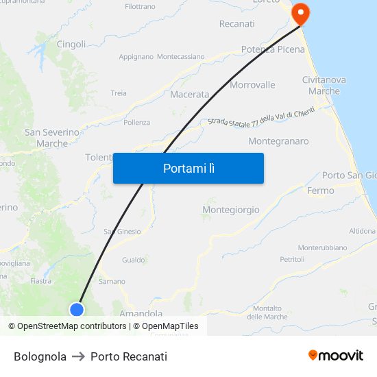 Bolognola to Porto Recanati map