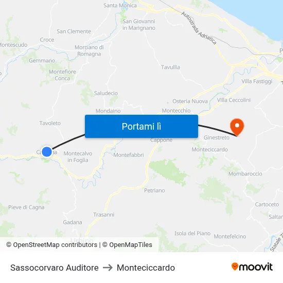 Sassocorvaro Auditore to Monteciccardo map