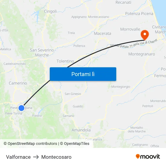 Valfornace to Montecosaro map