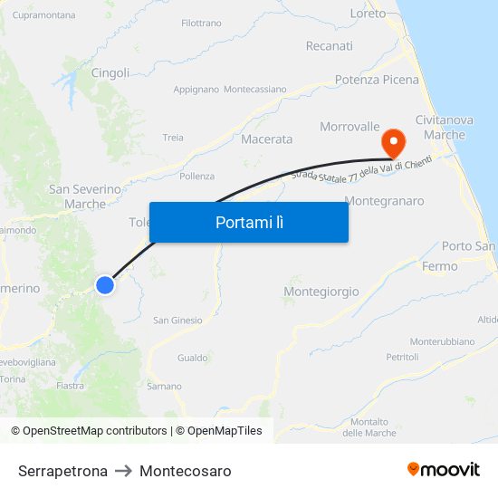 Serrapetrona to Montecosaro map