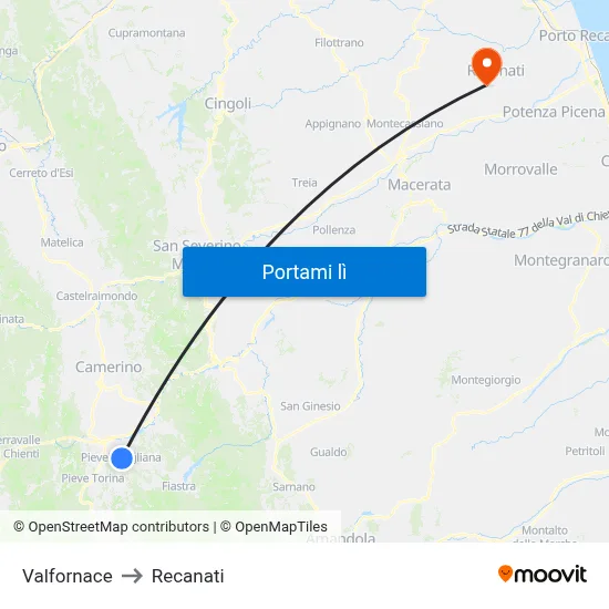 Valfornace to Recanati map