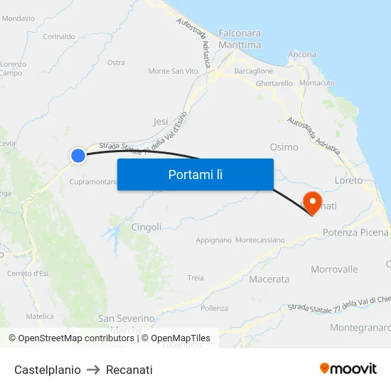 Castelplanio to Recanati map