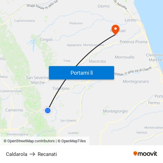 Caldarola to Recanati map