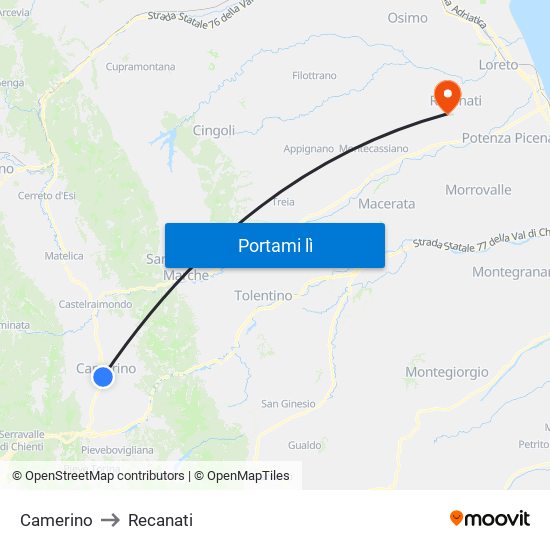 Camerino to Recanati map