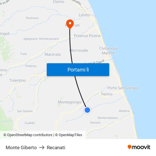 Monte Giberto to Recanati map