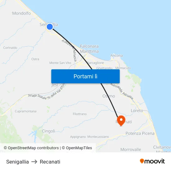 Senigallia to Recanati map