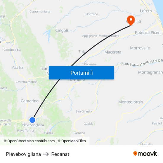 Pievebovigliana to Recanati map