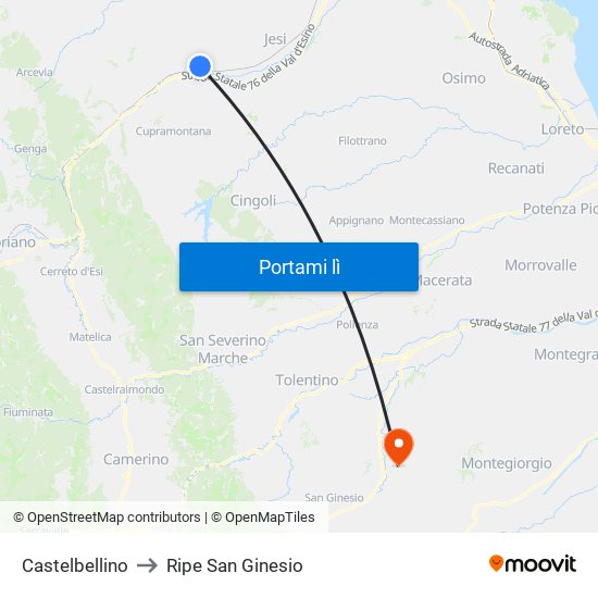 Castelbellino to Ripe San Ginesio map