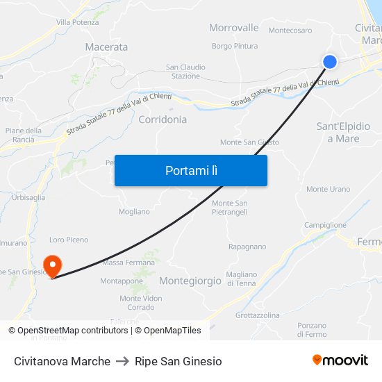 Civitanova Marche to Ripe San Ginesio map