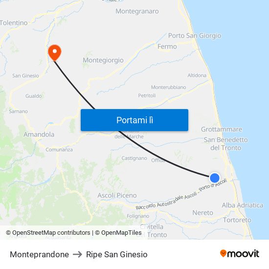 Monteprandone to Ripe San Ginesio map