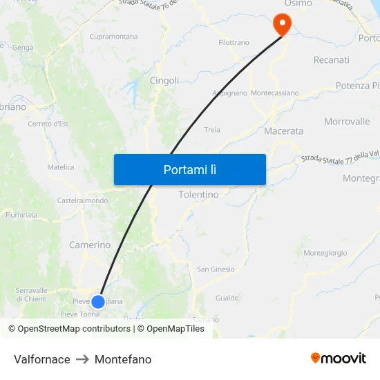 Valfornace to Montefano map