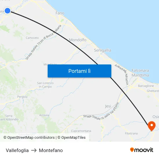 Vallefoglia to Montefano map