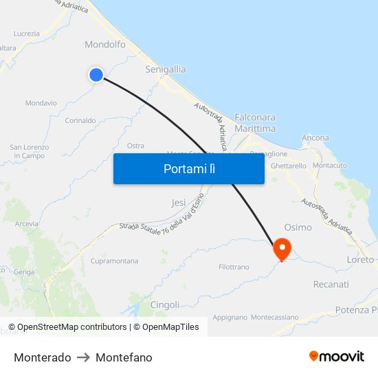 Monterado to Montefano map