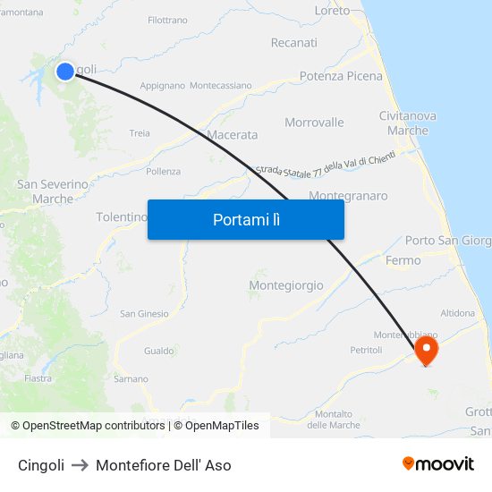 Cingoli to Montefiore Dell' Aso map