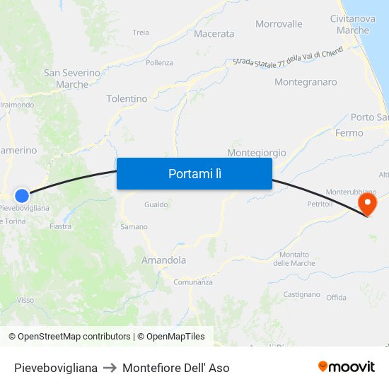 Pievebovigliana to Montefiore Dell' Aso map