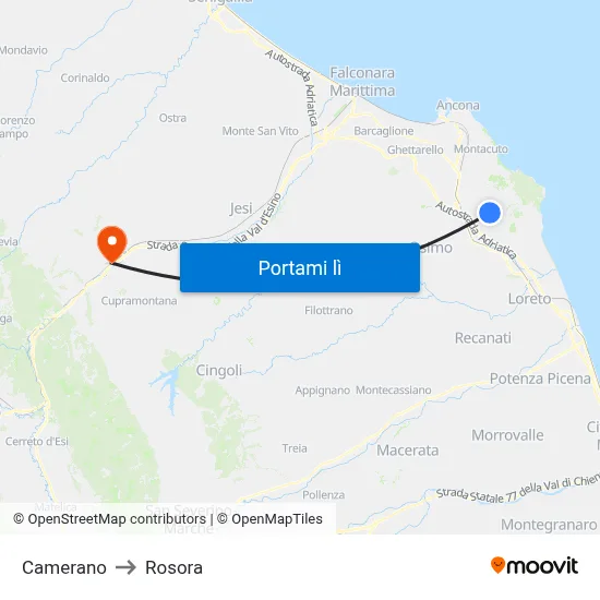 Camerano to Rosora map