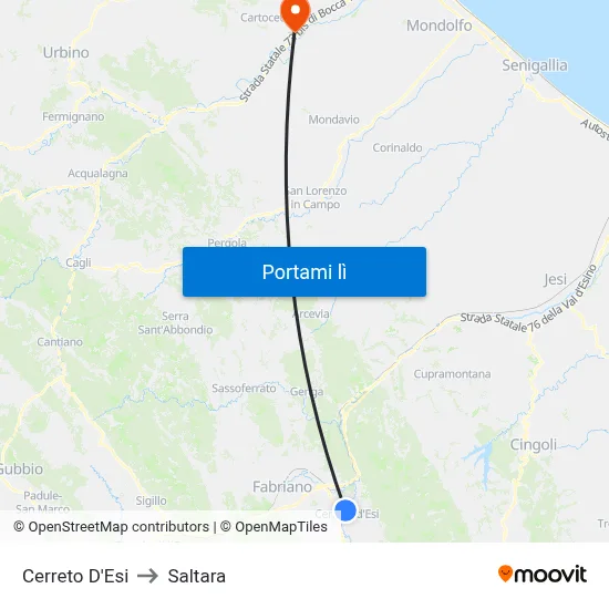 Cerreto D'Esi to Saltara map