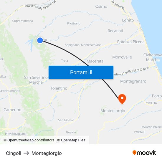 Cingoli to Montegiorgio map